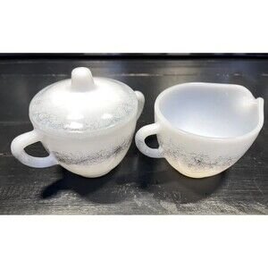 Vintage Federal white milk glass scribble pattern Creamer And Sugar With Lid